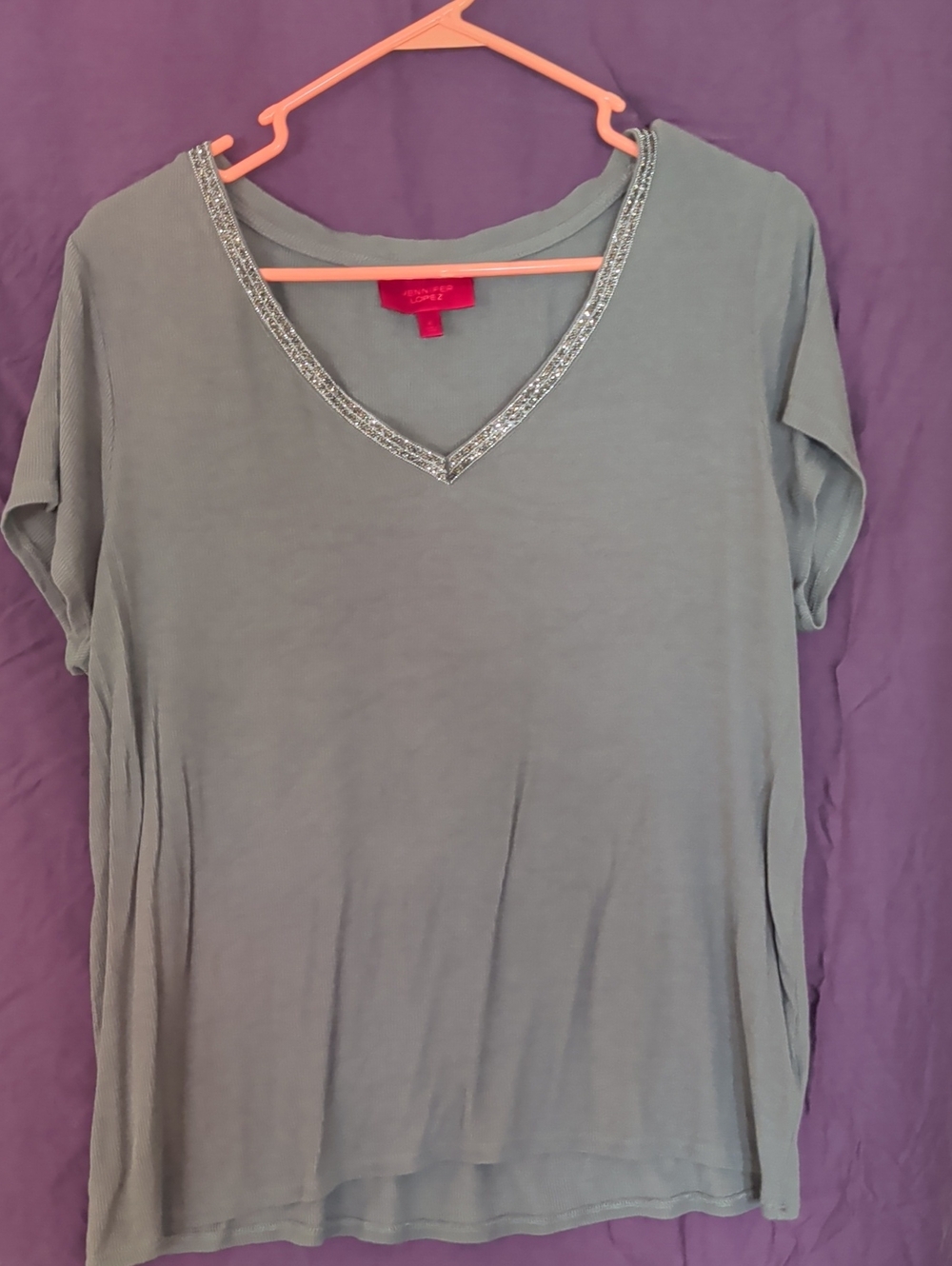 Jennifer Lopez Sage V-Neck Short Sleeve Top with Sparkle Trim